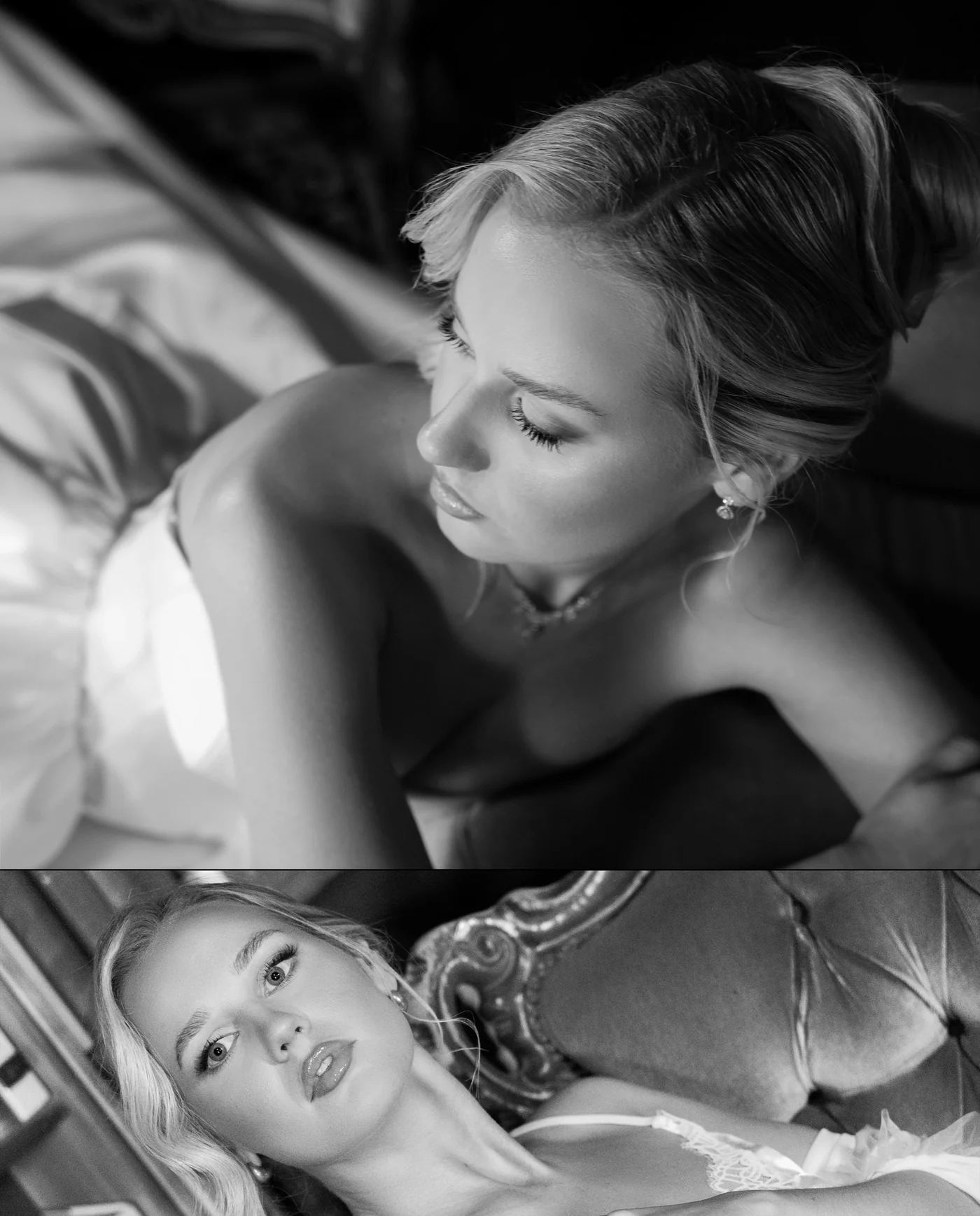 A black and white diptych of the bride and her bridal gown.