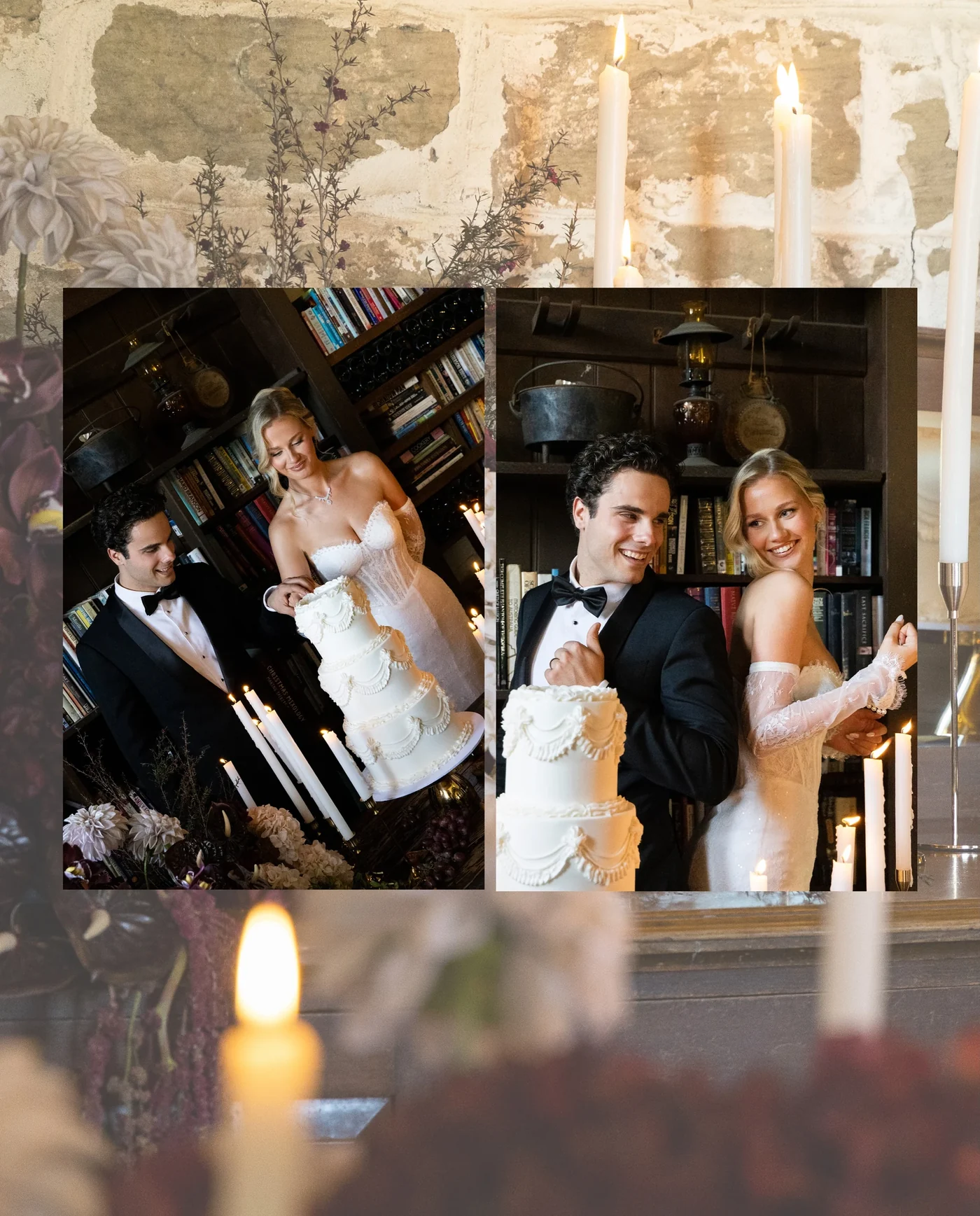 A wedding collage with candlelight, cake and portraits in the library.