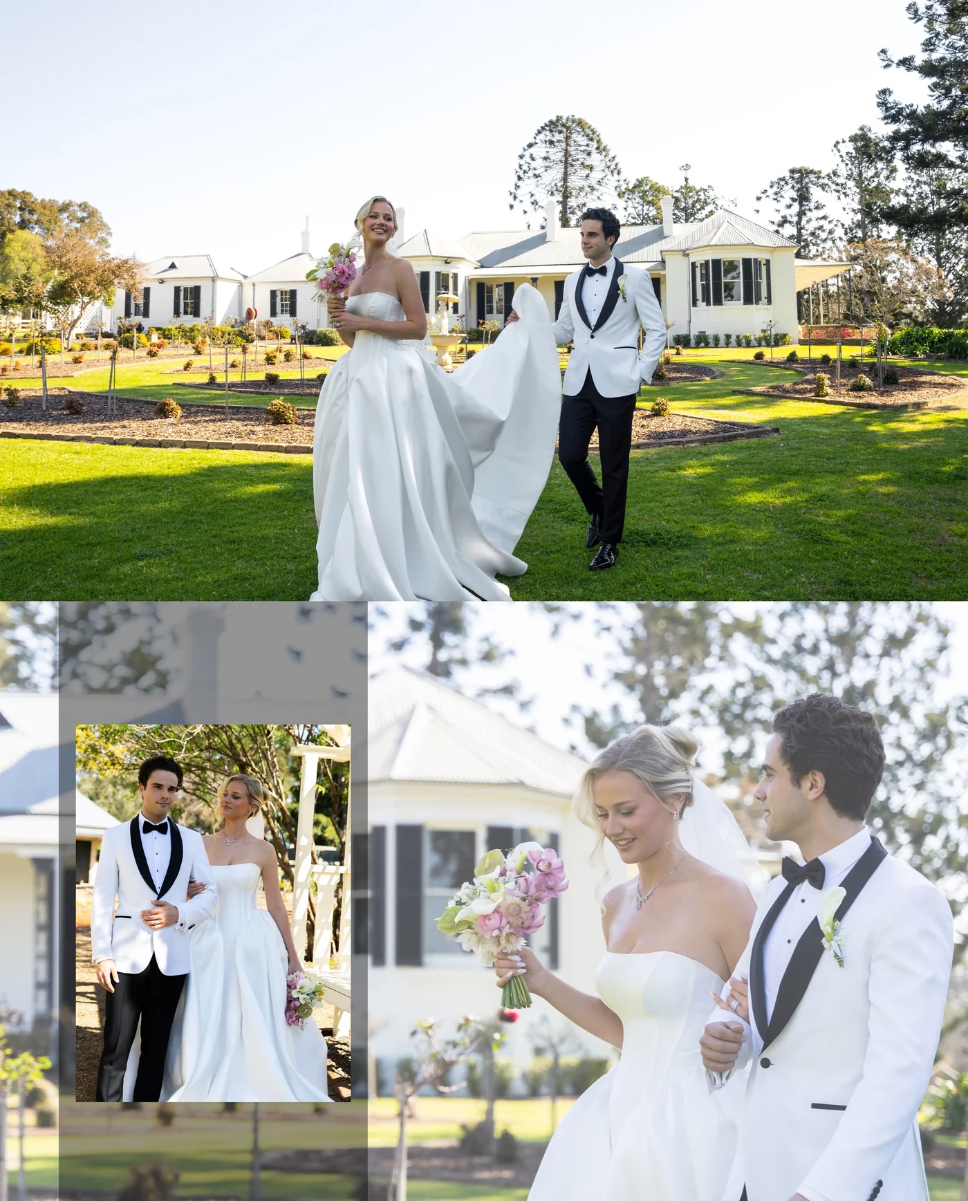 A wedding photo collection in the gardens at Gledswood.