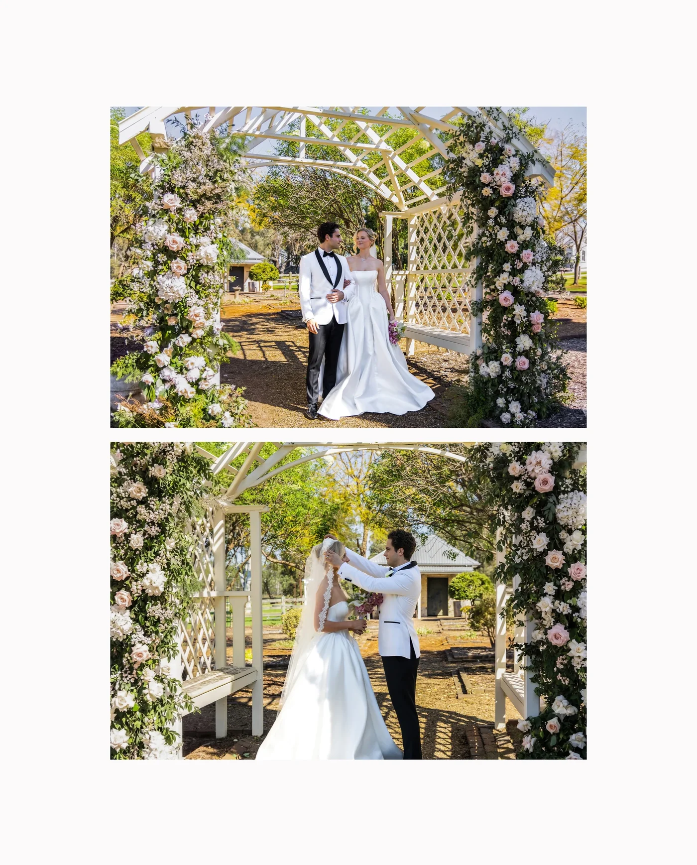 Two wedding portraits under a floral garden arch.